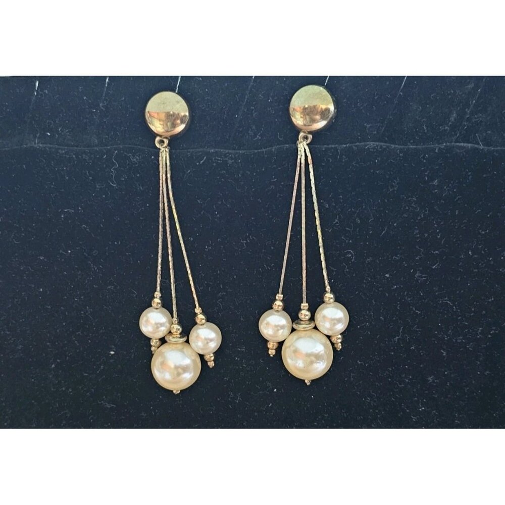 Vintage‎ 80's Dangle Pearl Drop Earrings Clip On Pearl Gold Color